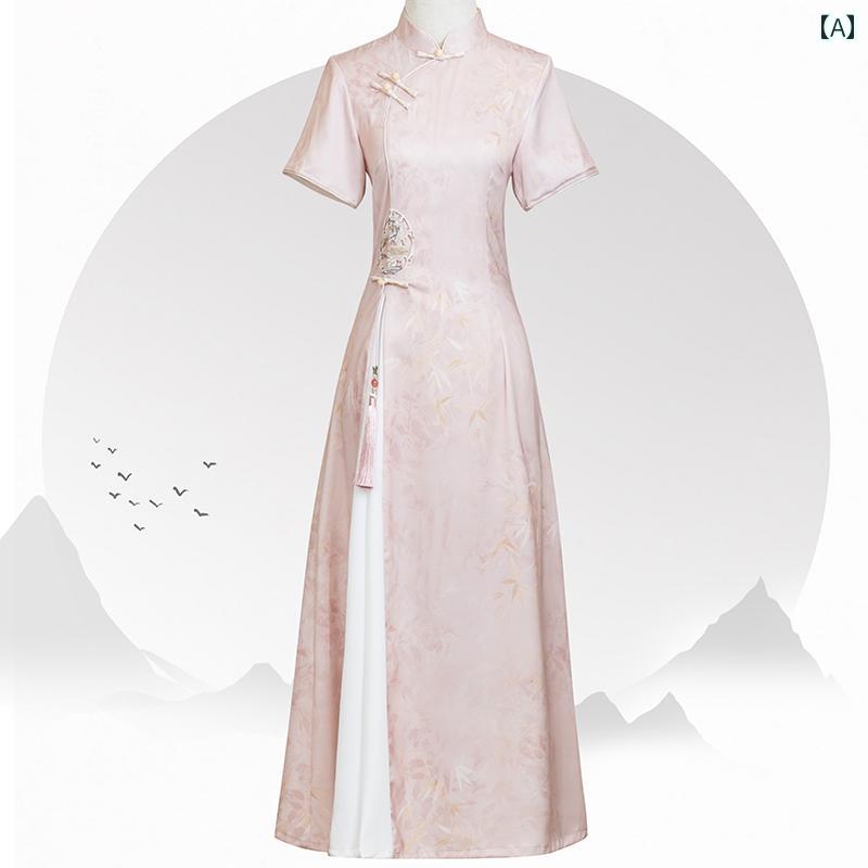 アオザイ チャイナ ドレス ピンクの 竹 アオザイ チャイナ ドレス 2025年 ヤング スタイル 小さめ デイリー エンゲージメント 女性 夏