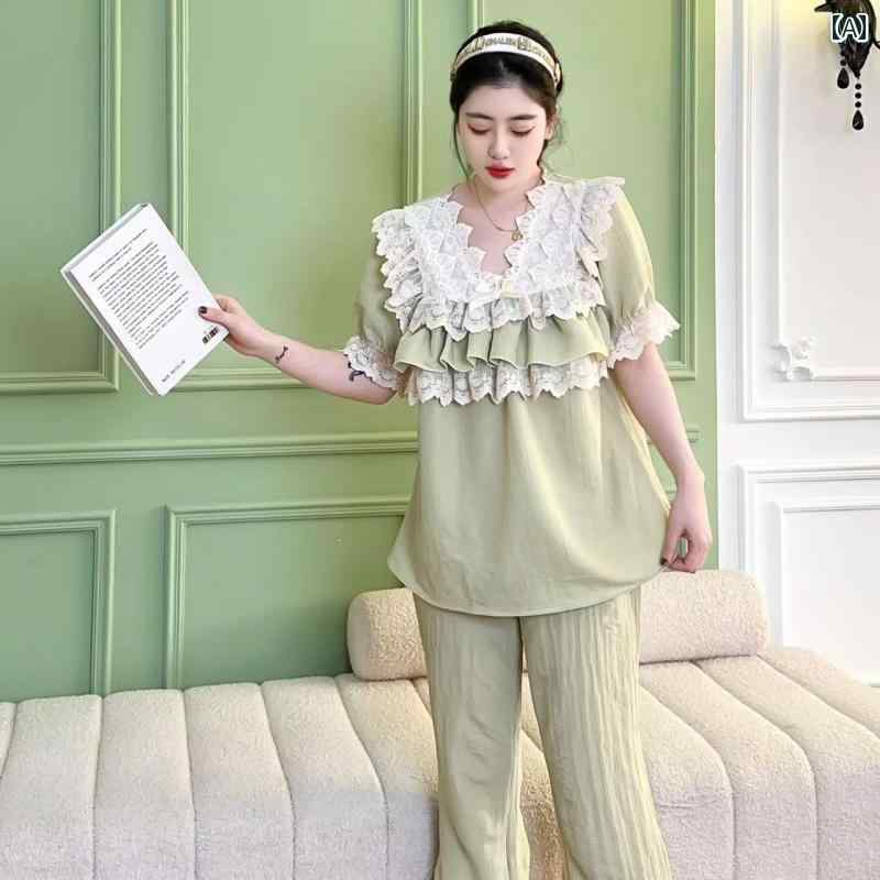 　パジャマ　レディース　上下 秋冬用 レディース 大きいサイズ パジャマ 太い MM バブル サンドグリーン ケーキ レイヤー 半袖 ズボン 宮殿 ホーム 服 スーツ