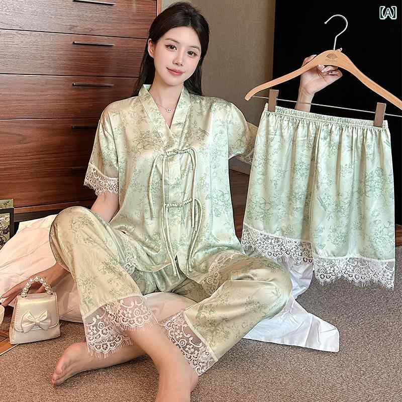 　パジャマ　レディース　上下 パジャマ レディース 夏 半袖 冷感 スリーピース スーツ 薄手 大きいサ..
