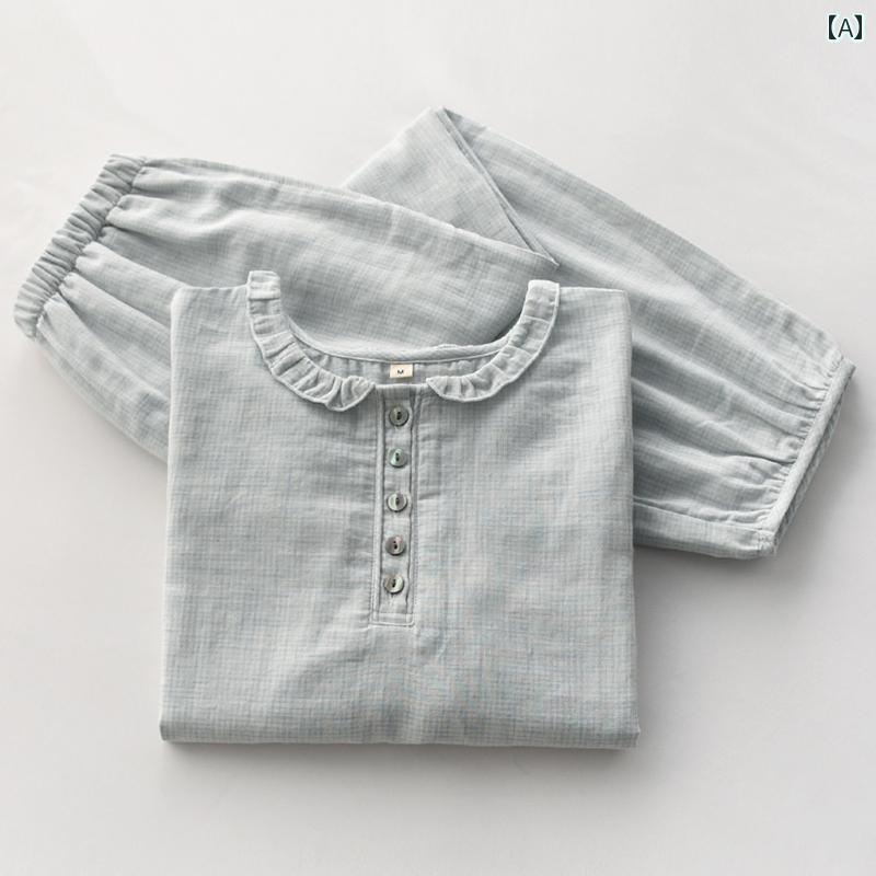 レディース　パジャマ　スウェット　上下 春夏の 女性用 和風 フリル プルオーバー パジャマ 綿 ガーゼ 薄手 ミドル スリーブ 九分丈 パンツ ホームウェア スーツ