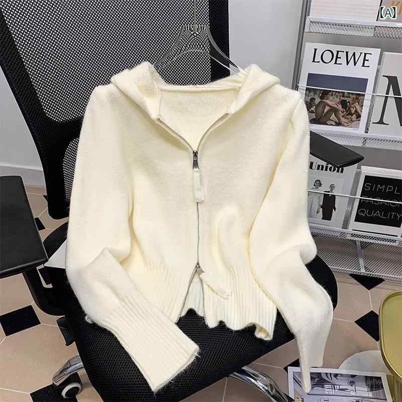 パーカー　フード付き　ニット 優しい 柔らかい もちもち フード付き セーター ジャケット 女性用 早春秋な ダブル ジッパー ニットカーディガン トップ