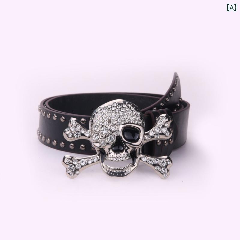 レディース　ベルト　カジュアル 黒と 白の スカル プリント ベルト サブカルチャー Y2K ホット ガール..