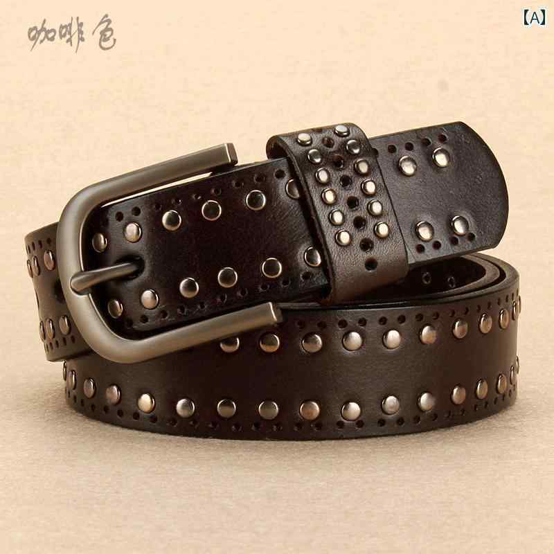 レディース　ベルト　カジュアル ヴィンテージ レディースベルト第一層 牛革 スタッズ 革な カジュアル 装飾 ピン バックル 幅 広 ベルト