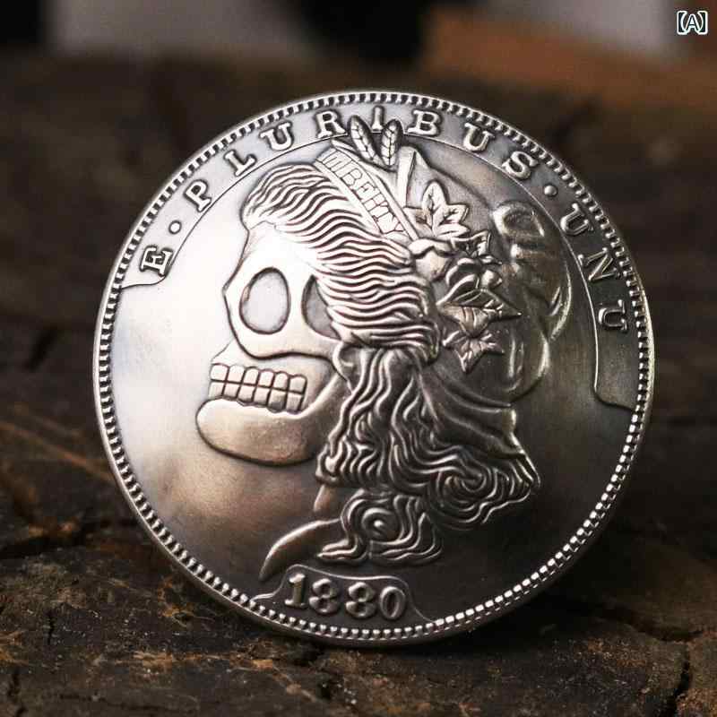 キーホルダー　アクセサリー　メタル レトロ 手 彫りの モルガンの 放浪 コイン 彫刻 頭蓋 骨のお 金の 布 バックル レザー DIY 装飾 アクセサリー