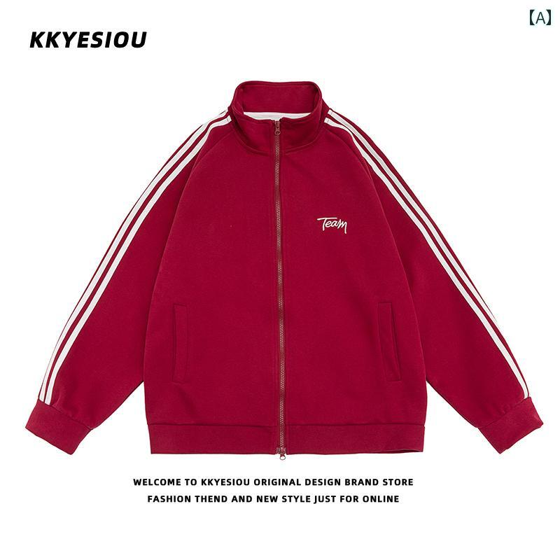 フリース　トップス　ジッパー KKyesiou アメリカン レトロ ストライプレッド スーツ 男女 スタンドカ..