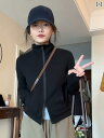 ジッパー ジャケット カジュアル 黒の スタンドカラー ダブル ジッパー 長袖 スウェットシャツ レディース 春秋 2025 ゆったり スリム ショート トップ...