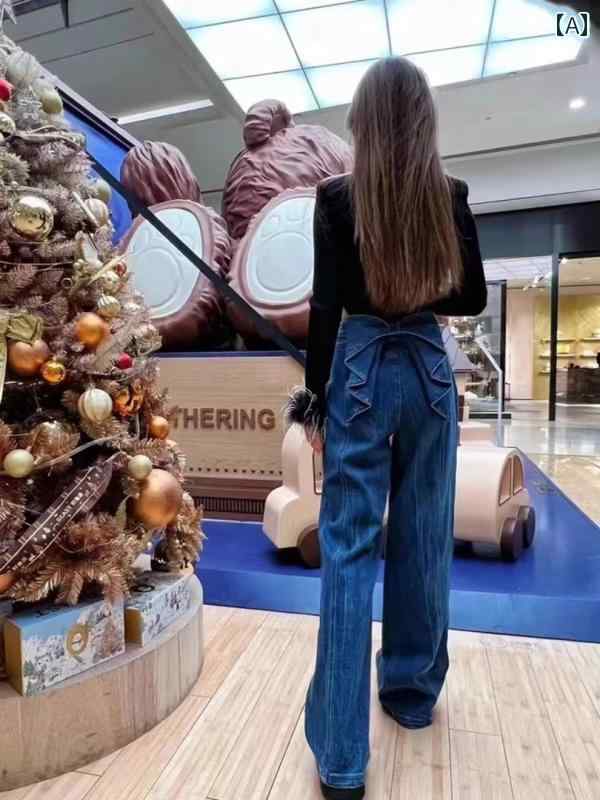 レディース　パンツ　ワイド 劉 亦 菲の 同じ レトロ ブルー ウォッシュ ストレート ジーンズ 女性用 春の ハイウエスト スリム ワイド レッグ ゆったりした ズボン