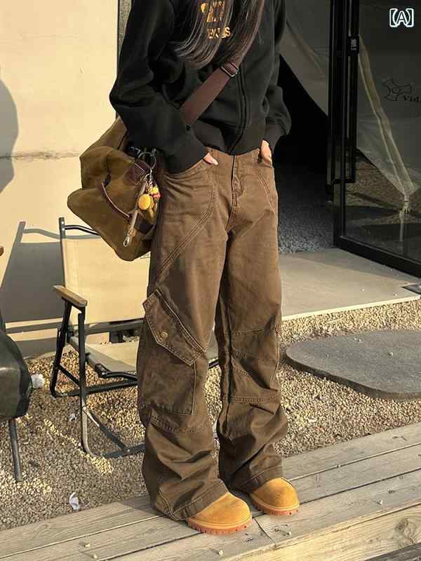 レディース　パンツ　ワイド URKR プリーツ マルチ ポケット アメリカン レトロ オーバー オール レディース ストレート パンツ カジュアル ワイド レッグ メンズ