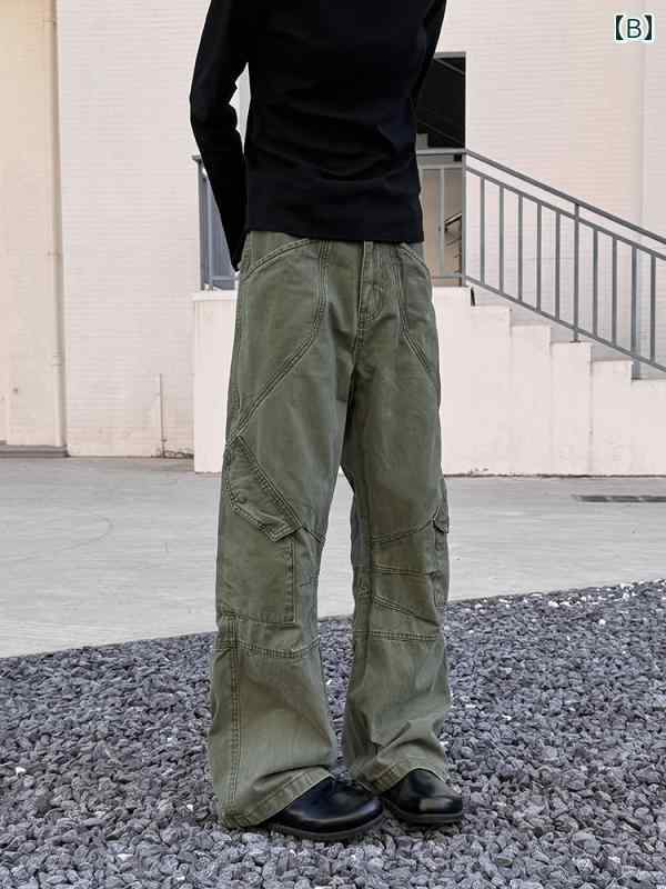 レディース　パンツ　ワイド URKR プリーツ マルチ ポケット アメリカン レトロ オーバー オール レディース ストレート パンツ カジュアル ワイド レッグ メンズ