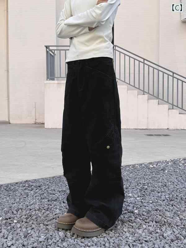 レディース　パンツ　ワイド URKR プリーツ マルチ ポケット アメリカン レトロ オーバー オール レディース ストレート パンツ カジュアル ワイド レッグ メンズ