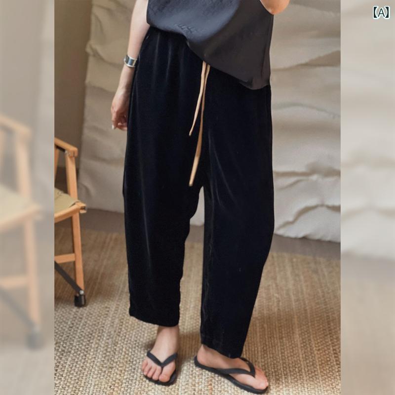 ボトムス　レディース　スリム ゆったり スリム ファッション ハイウエスト ステーション 2025 レディース ブラックゴールド ベルベット パンツ 九分丈(4)