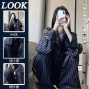 ストライプ パジャマ スウェット GP ストライプ パジャマ レディース 春秋 2025 冬 ホーム 服 太った 女の子 コットンシルク ツーピース セット