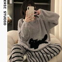 ストライプ パジャマ スウェット ネットの ストライプ 猫 厚手 ハーフ エッジ ベルベット パジャマ 女性用 2025秋冬 かわいい ぬいぐるみ ホーム 服 ...