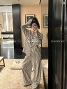 ストライプ パジャマ スウェット レディース ストライプ パジャマ 春秋 2024な 綿 長袖 ワイド レッグ パンツ 夏 な ホームウェア セット