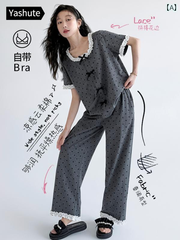 ストライプ　パジャマ　スウェット 春夏 レジャー ドットの 半袖 ズボンの クールな コットンは 外出 先で 着用 できる レディー スパッド入り パジャマ。