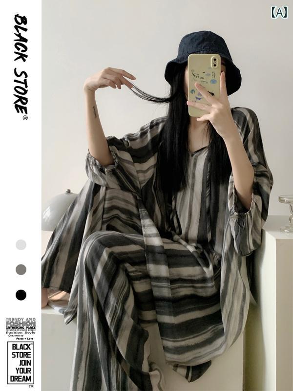 ストライプ　パジャマ　スウェット チャイナ風 インク ストライプ コットンシルク パジャマ 女性用 秋 2025 高級 七分袖 ズボン ホームウェア スーツ(4)