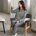 パジャマ セット スウェット 女性用 パジャマ 2025 春秋 綿の 長袖 コットン 秋 ストライプの ホーム 服 スーツは 外で 着用 できます