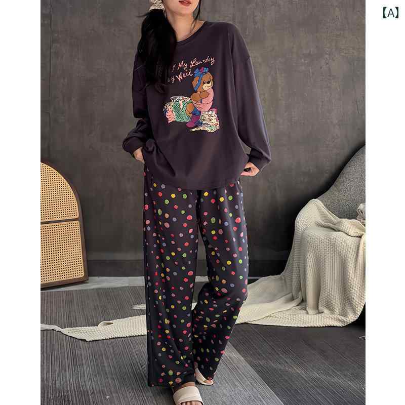 パジャマ　セット　スウェット 女性用 パジャマ 春秋 スタイル 綿の 長袖 ホームウェア カジュアルで ゆったり カラフルな ドットの パンツ スーツ
