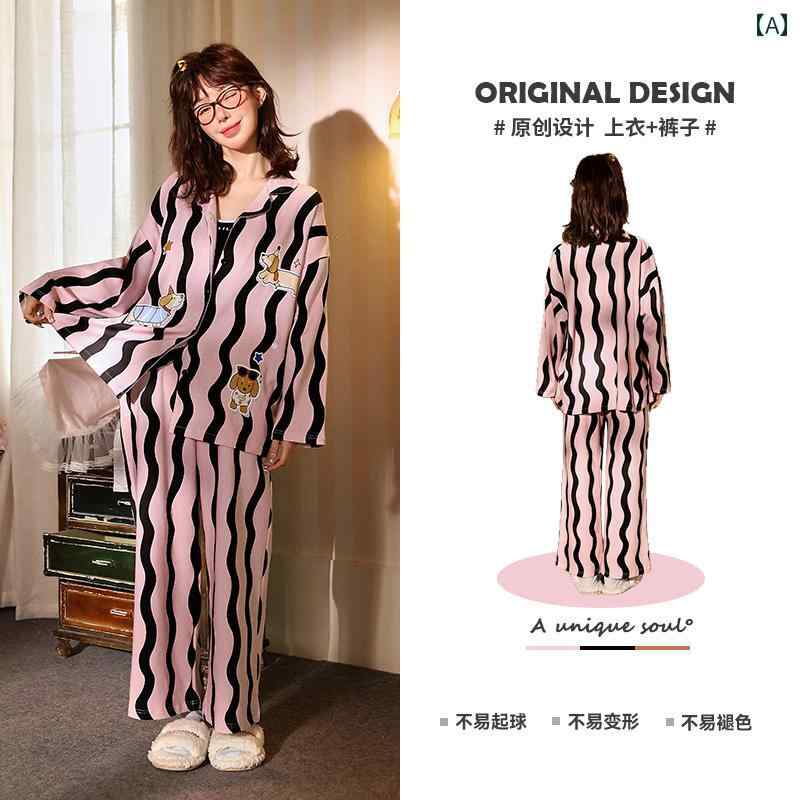 パジャマ　セット　スウェット Gongdie 軽くて 柔らかい ダックスフント パジャマ レディース 春秋 コットン 長袖 スーツ かわいい ストライプ ホームウェア(4)