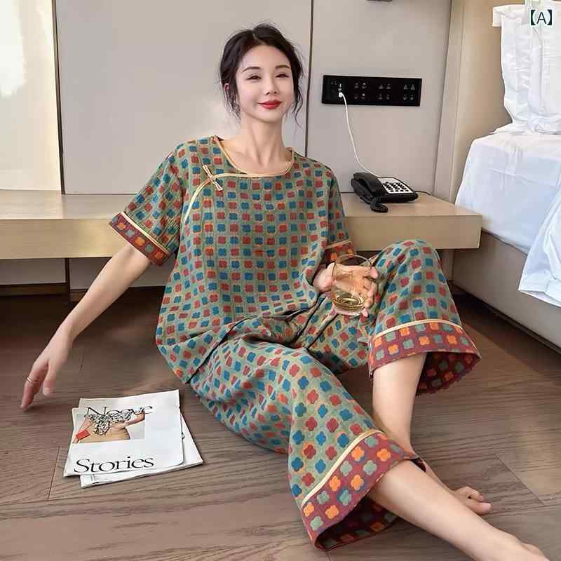 半袖　半ズボン　パジャマ 夏用 大きいサイズ パジャマ 女性 母親 新型 チャイナ風 2024 200 斤 太 mm 綿 薄手 ホーム 服 春夏