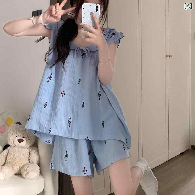 半袖　半ズボン　パジャマ 民族 風 レトロ ブルー キャミソール ショート パンツ パジャマ レディーススーツ 夏は レジャー ホーム 服と して 着用 できます 夏 P
