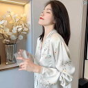 シルク パジャマ レディース 冷感 パジャマ レディース 2025 秋 長袖 花柄 薄手 高級 サテン ホームウェア 冬 スーツ