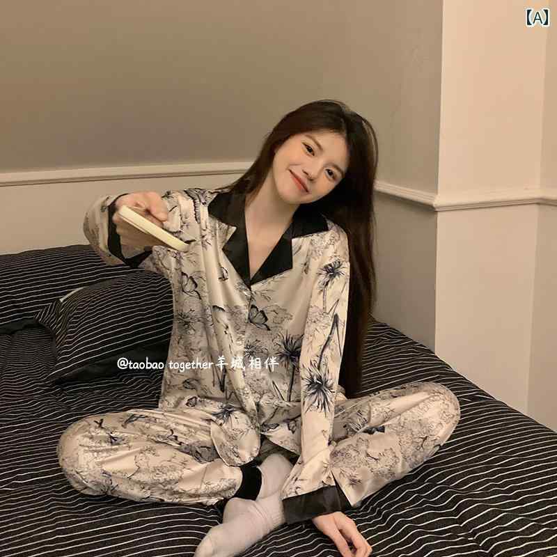 シルク　パジャマ　レディース チャイナ風 氷 雪 シルクパジャマ 女性 春秋 2025 長袖 プリント 高級 水墨 画 シャツ ホームウェア スーツ