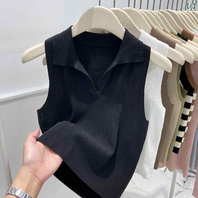 タンクトップ　レディース　ノースリーブ 春の 韓国 ポロ カラー ノースリーブニット ベスト レディース サスペンダー 付き シンプルで カジュアル スリム ボトムトップ