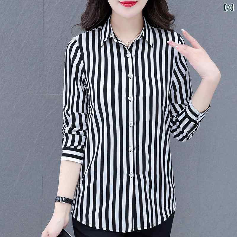 レディース　コート　ジャケット 黒と 白の ストライプシャツ レディース 長袖 春秋 2025 大きいサイズ ゆったり中 長 薄手 プロ シャツ