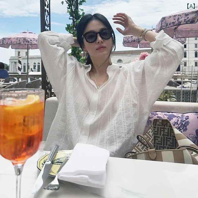 Yシャツ 無地 シンプル ソンヘギョの 同じ 服 春秋 ゆったりした 薄手の 長袖 シャツ 日焼け防止 縦縞の 白い 女性