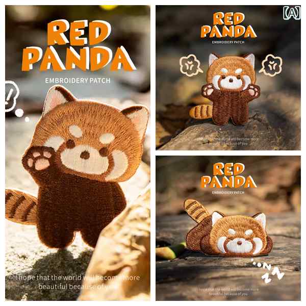 布　生地　無地　 かわいい レッサーパンダの 刺繍 ステッカー。 服 バッグ iPad ケース 装飾用 布 ステッカー 粘着 式 コンピューター ロン シオン パンツ