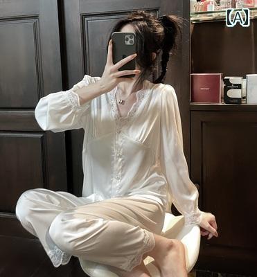 レディース シャツ レース 桑 絹 シルクパジャマ 女性 ネット 薄手 秋 サテン Vネック レース 春秋 長袖 ズボン ホーム 服
