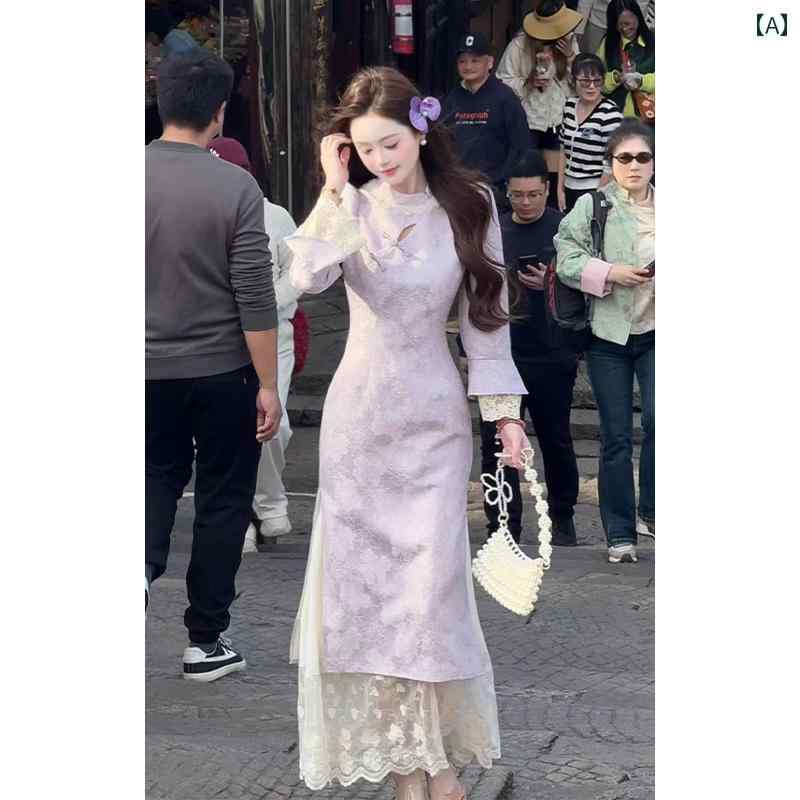 ドレス　レディース　チャイナドレス 斉 ヘンマン 隋無 憂 新型 チャイナ風 ダーク パターン ジャカード レース ステッチ チャイナ ド..