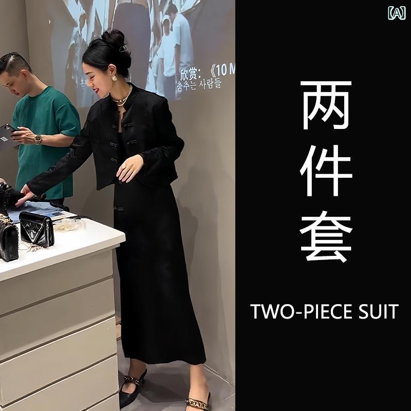 ドレス　レディース　チャイナドレス 春の チャイナ風 婦人服 お茶の 香りが する 個性的で エレガントの 黒い ボタン 付き ドレス 一式