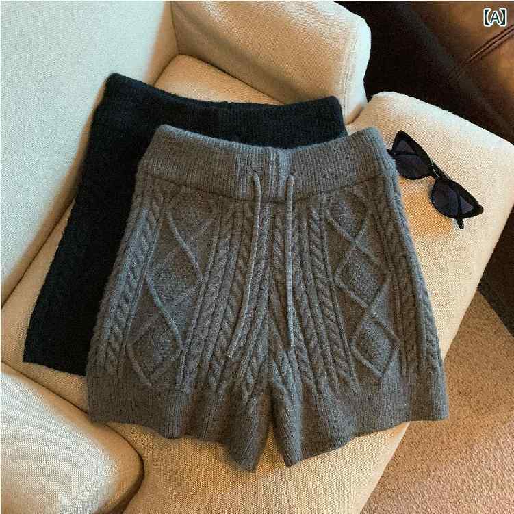 レディース　フィットネス　レギンス ダーク グレーの ニット ツイスト ワイド レッグ ウール ショーツ レディース 秋冬 商品 アウターウェア カジュアル ボトムス ハイウエスト スポーツ パンツ