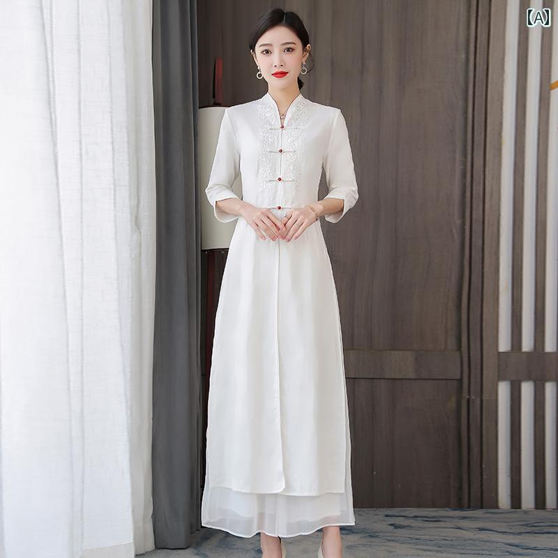 ドレス　チャイナ　レディース 春夏の 新 チャイナ風 レトロ チャイナ ドレス 文学 禅茶師服 刺繍 Vネック ディスク ボタン セット