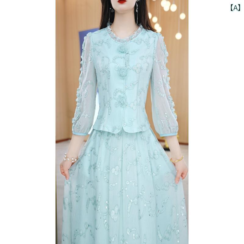 ドレス　チャイナ　レディース 美 瑞 ファッション プリント スーツ スカート 女性 2025 春 チャイナ風 年齢を 減らす ツーピース ドレス