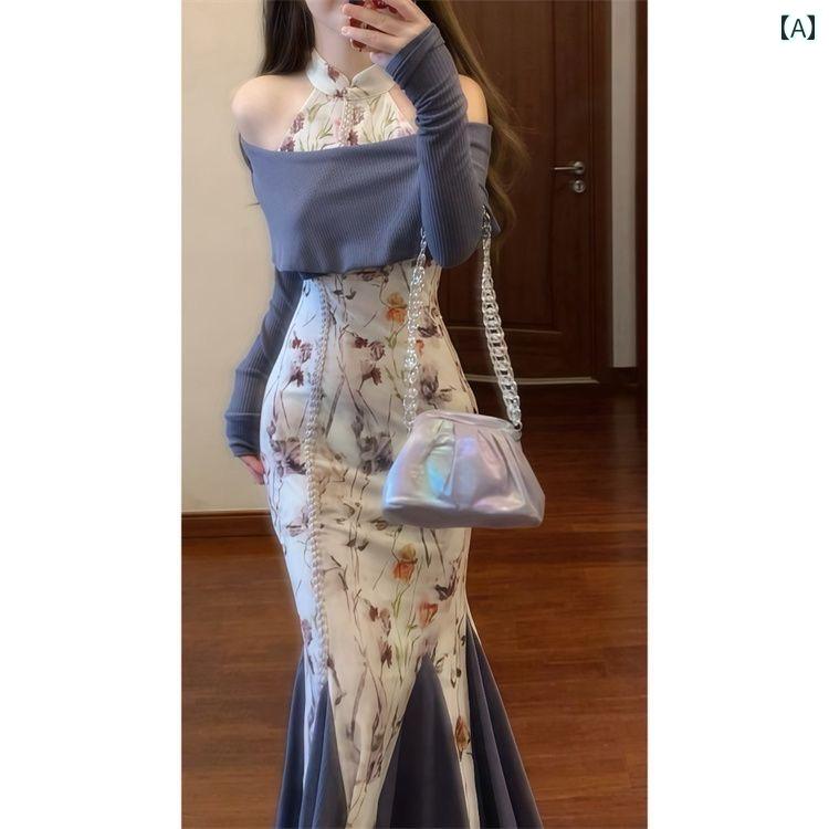 ドレス チャイナ レディース 大きいサイズ mm チャイナ風 花柄 チャイナ ドレス 女性 秋 スリムフィット スカートと ウエスト コート スーツ