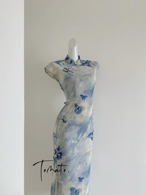 ドレス　チャイナ　レディース 【 華 邊】 復古 中華 風の 青い チャイナ ドレス 日常 着を 新型 チャイナ風 美しい 高級