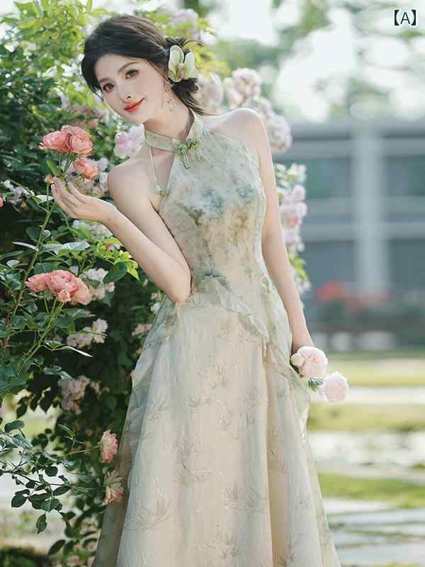 ドレス　チャイナ　レディース ノースリーブホルター ネック ドレス 涼しい 夏 感 禅 着用 新型 中国 チャイナ 少女