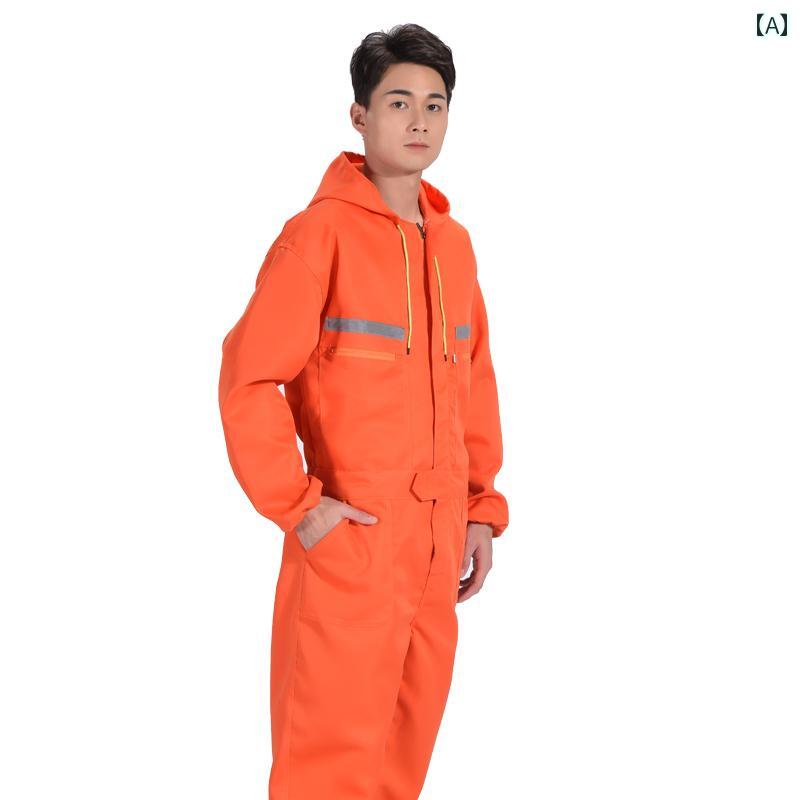 作業着　メンズ　ワーク 春秋 反射 ストリップ ワンピース 作業着 フード付き 防汚 服 スプレーペイン..