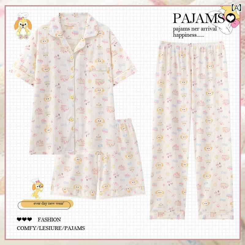 パジャマ　レディース　かわいい バター ビスケット 夏用 スリーピース パジャマ 女性用 綿 半袖 ズボ..