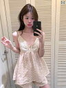 レース キャミソール トップス パジャマ レディース 夏 韓国 花柄 レース 綿 ガーゼ サスペンダー ショーツ 胸 パッド 付き ホームウェア ツーピース セ...