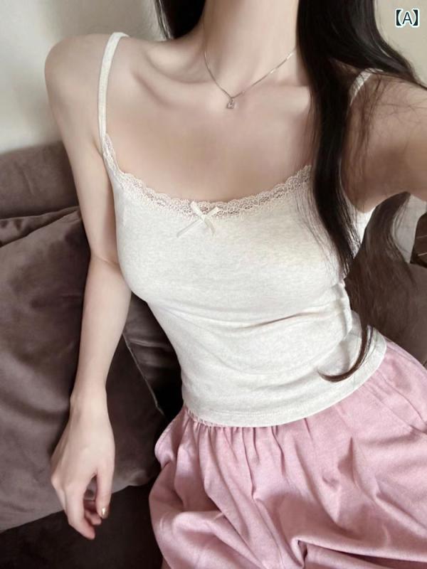 インナー レース キャミソール パッド入り ブラジャー 付き レディース ベスト レース トリム 小 花柄 インナーウェアと アウターウェア ホワイト コットン 夏用 薄手 スタイル