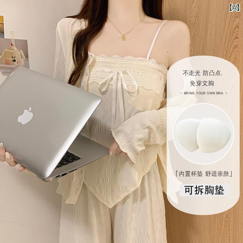 インナー レース キャミソール 春秋 女性用 パジャマ 胸 パッド 付き 織り 雲 綿 チャイナ風 な ラップ 腹 帯 ベスト アプリコット 3点 セット