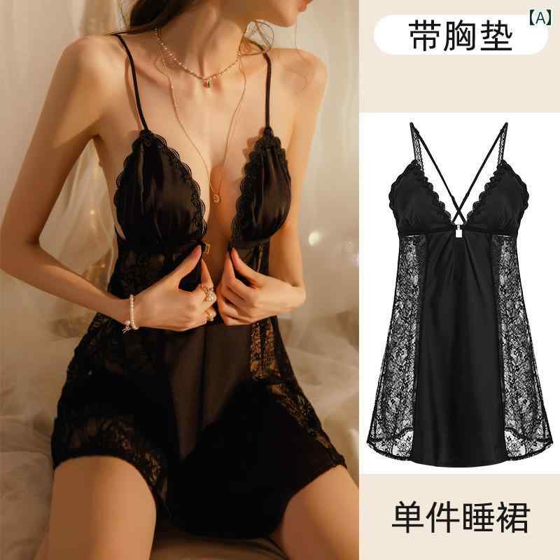 インナー レース キャミソール 魅惑的 シルクパジャマ 女性 夏の 薄手 高級 胸 パッド 付き レース サスペンダー ナイトドレス セット