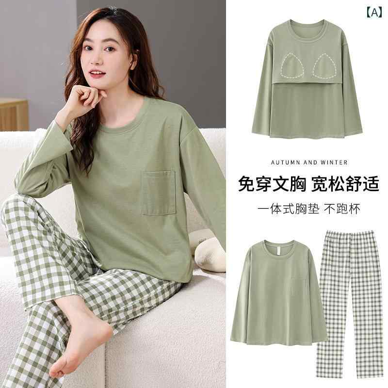 パジャマ　上下　薄手 綿 パジャマ 夏 スタイル 胸 パッド 一 体型 長袖 薄手 スーツ 春秋 レディース ..