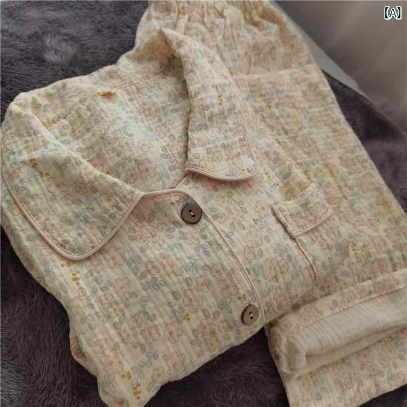 パジャマ　上下　薄手 綿の な 田園 風 ダブル ガーゼ 花 海 クレープ パジャマ ホームウェア 長袖 ズ..