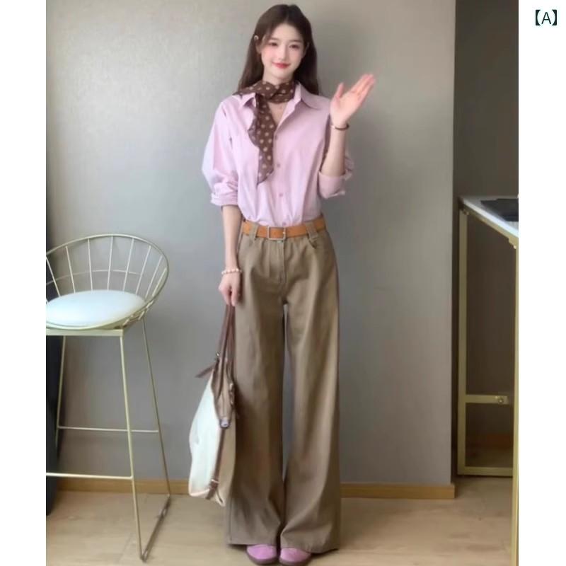 レディース カジュアル ウェア 韓国 服装 通勤用の ピンクの 長袖 シャツ カジュアル ワイド レッグ ジーンズ ツーピース スーツ フル セット