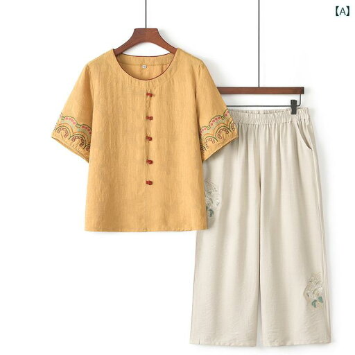 レディース カジュアル ウェア ママ 夏服 2024年 エスニック 半袖 Tシャツ トップス 女性用 綿 麻 ツーピース スーツ レディース カジュアル ウェア ママ 夏服 2024年 エスニック 半袖 Tシャツ トップス 女性用 綿 麻 ツーピース スーツ